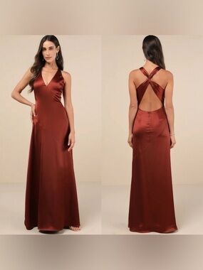 Lulus Purely Elegant Rust Brown Satin Twist-Back Maxi Dress NWT Medium